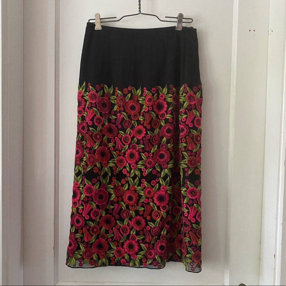 Black Embroidered Flower Midi Skirt NWOT